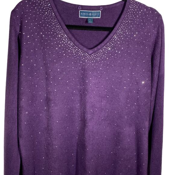 Karen Scott  Sweater Rhinestone V Neck Purple Womens Sz Large Scarf Not Included - Picture 4 of 7